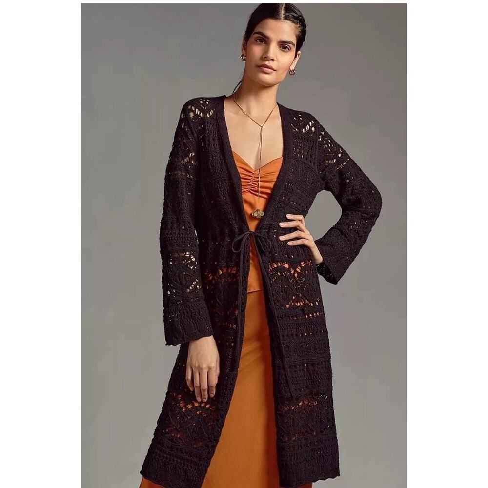Anthropologie Pointelle Black Cardigan Crochet Duster Sweater Size XS